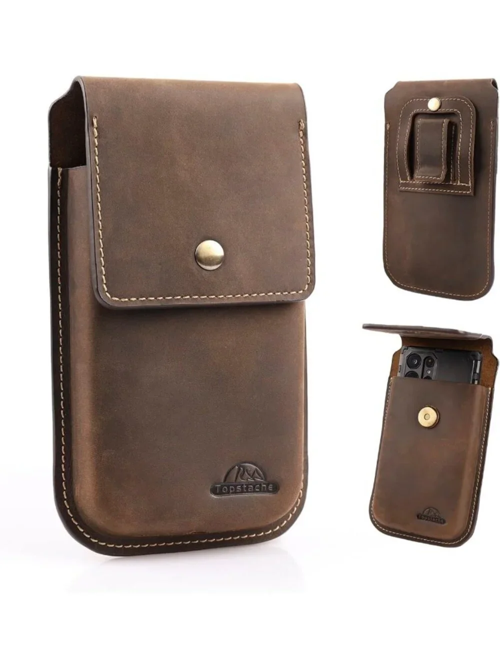 Leather Phone Holster for iPhone & Galaxy - Belt Clip Case, XL Dark Brown Pouch
